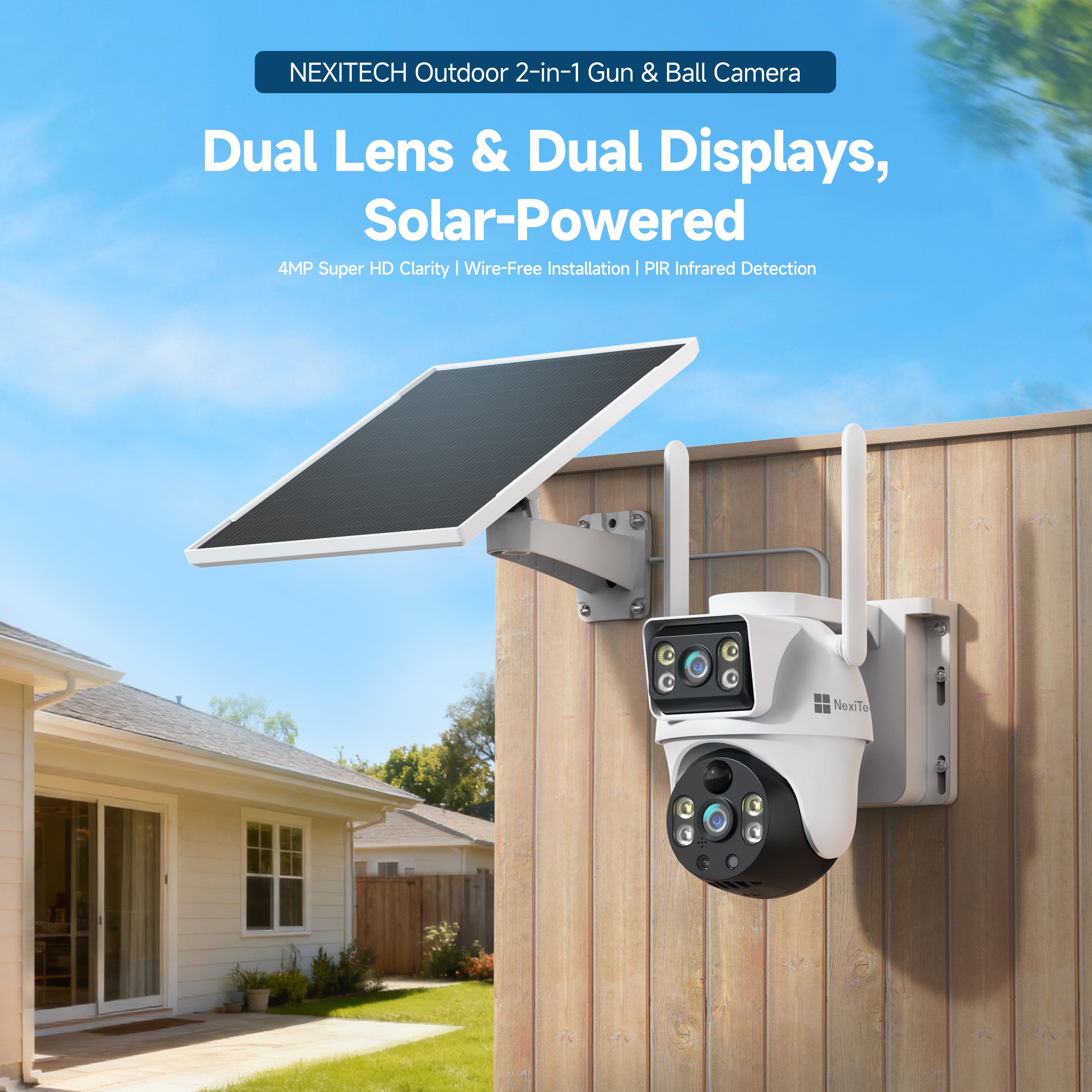NexiTech BP9 WiFi Solar PTZ Outdoor Security Camera, Dual-Lens 2MP+2MP, 355° Pan/Tilt, AI Motion Detection, Color Night Vision, Two-Way Talk, IP65 (Pre-Order)