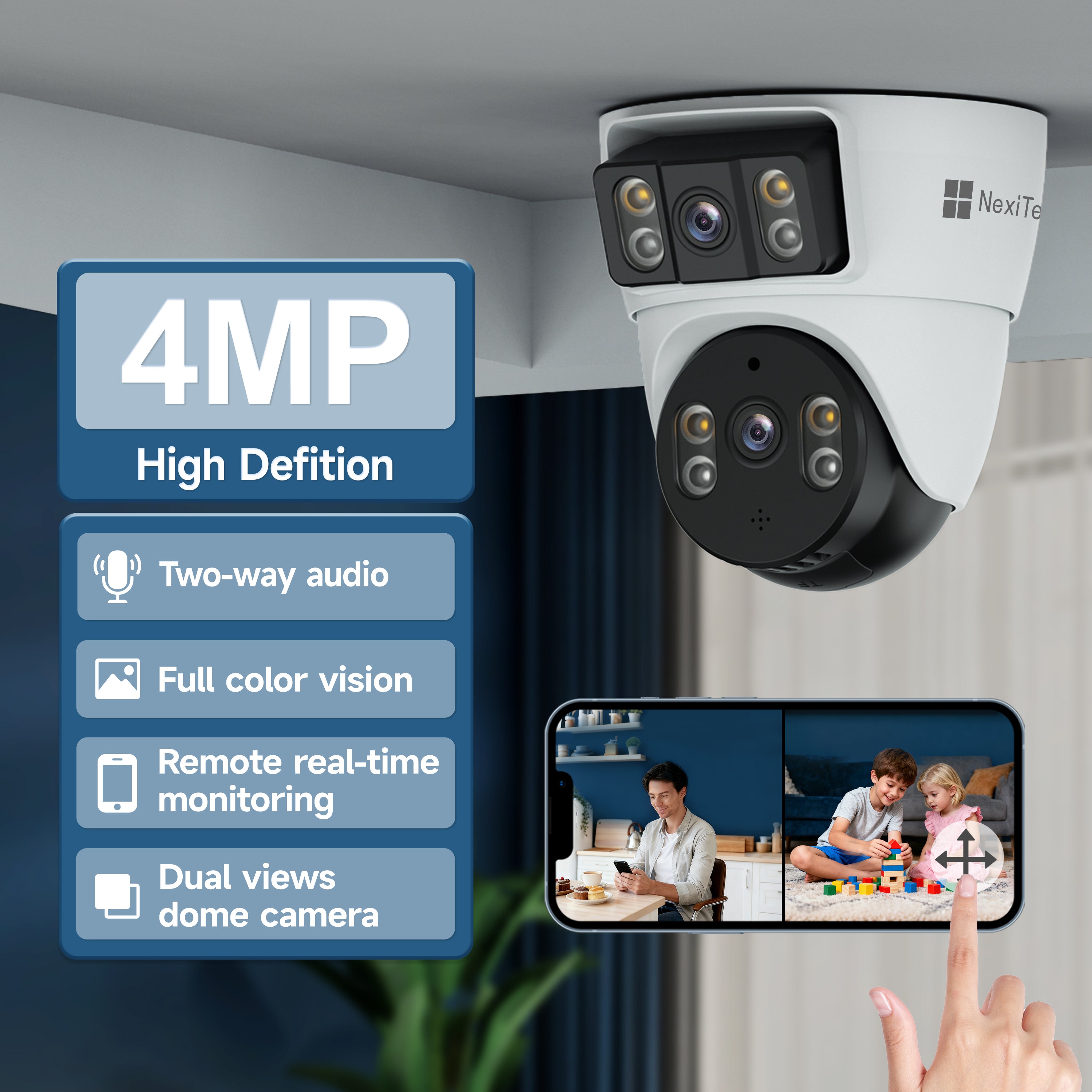 NexiTech BQ3 Indoor WiFi Security Camera, Dual-Lens 2MP+2MP, Pan/Tilt, Color Night Vision, Motion Tracking, Two-Way Audio (Pre-Order)