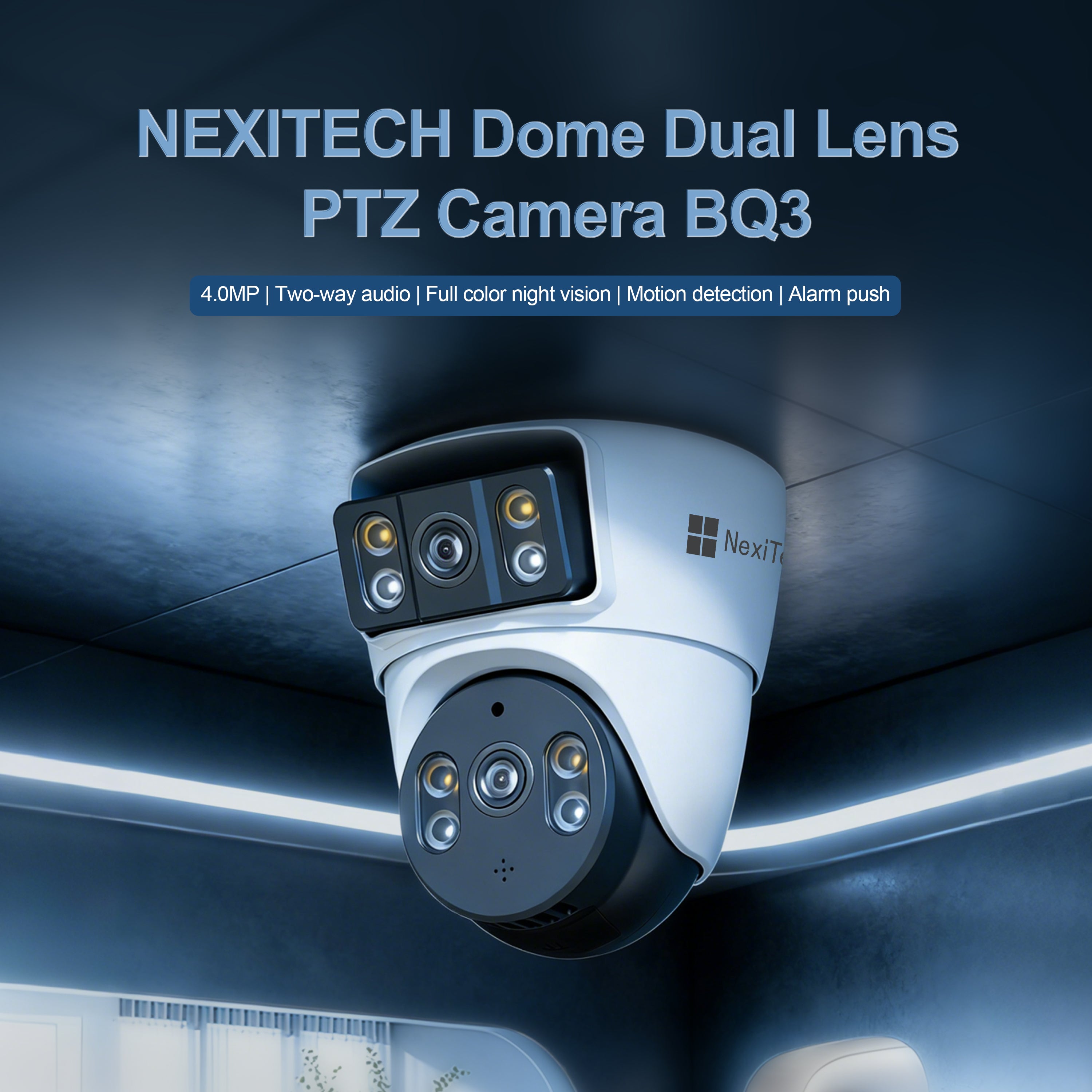 NexiTech BQ3 Indoor WiFi Security Camera, Dual-Lens 2MP+2MP, Pan/Tilt, Color Night Vision, Motion Tracking, Two-Way Audio (Pre-Order)