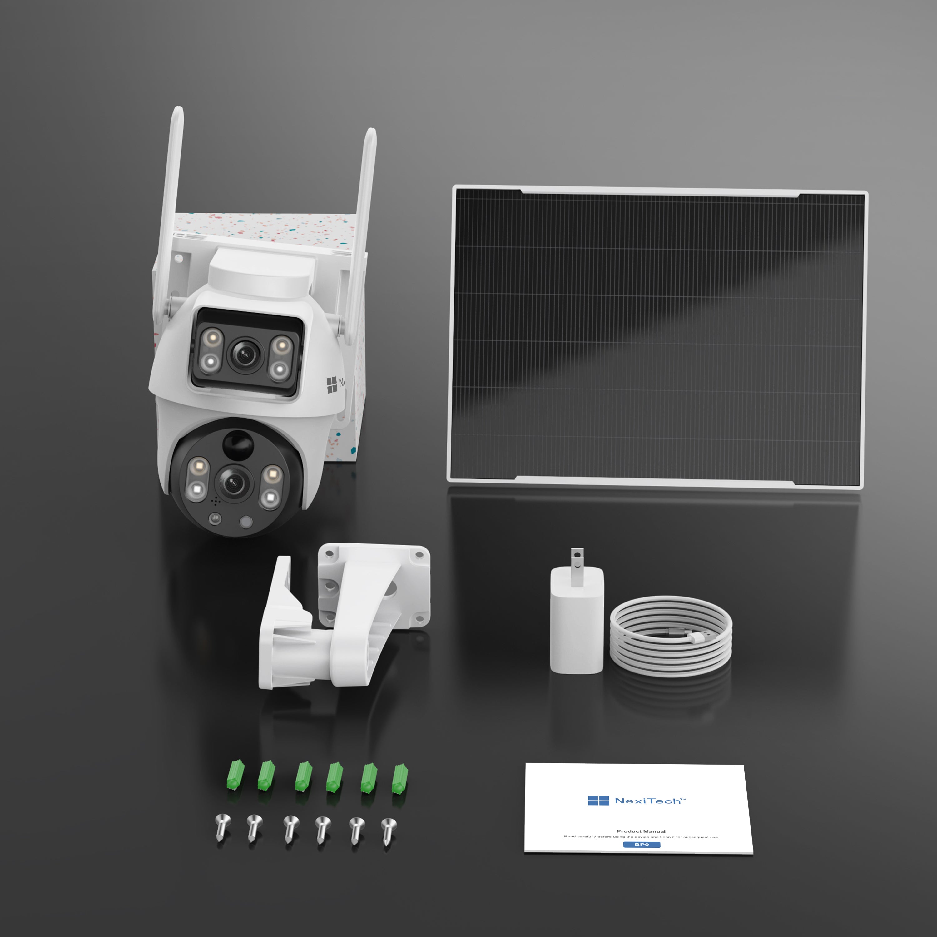 NexiTech BP9 WiFi Solar PTZ Outdoor Security Camera, Dual-Lens 2MP+2MP, 355° Pan/Tilt, AI Motion Detection, Color Night Vision, Two-Way Talk, IP65 (Pre-Order)