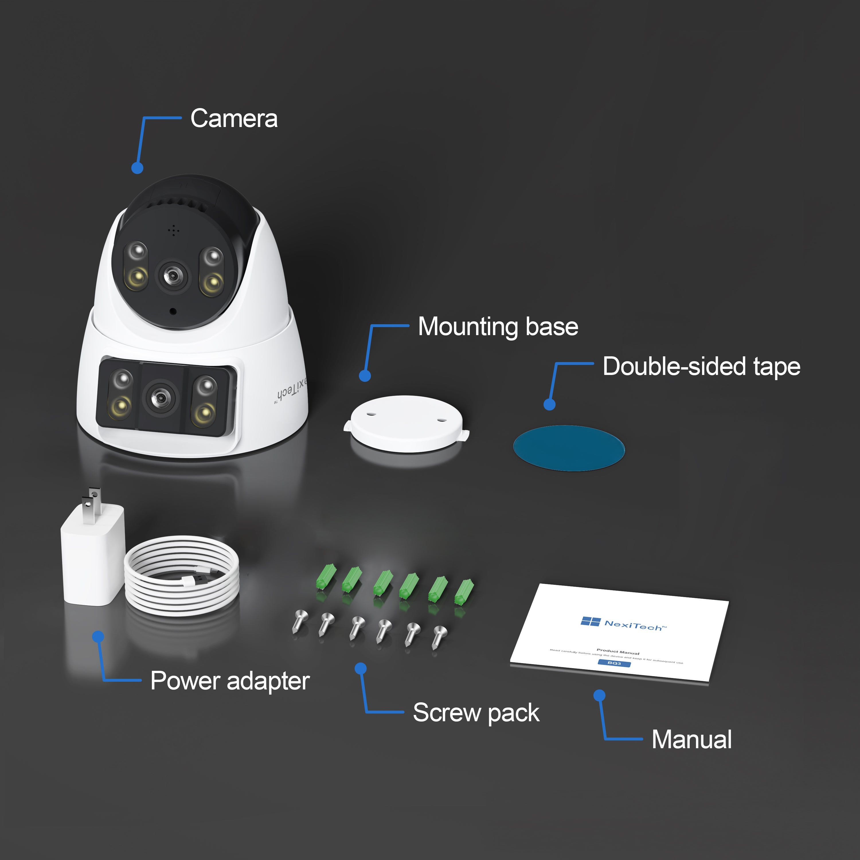 NexiTech BQ3 Indoor WiFi Security Camera, Dual-Lens 2MP+2MP, Pan/Tilt, Color Night Vision, Motion Tracking, Two-Way Audio (Pre-Order)