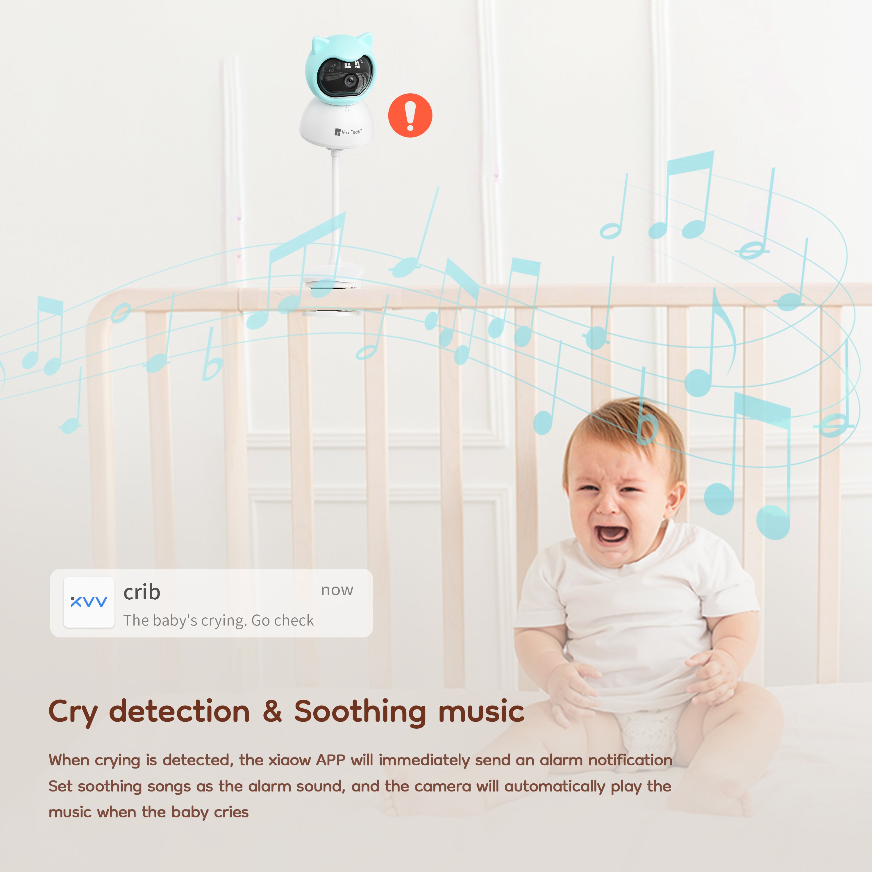 NexiTech Q2BM Smart Baby Monitor WiFi Camera, 3MP, Pan/Tilt, Crying Detection, AI Sleep Monitoring, IR Night Vision, Two-Way Audio, SD/Cloud Storage (Pre-Order)